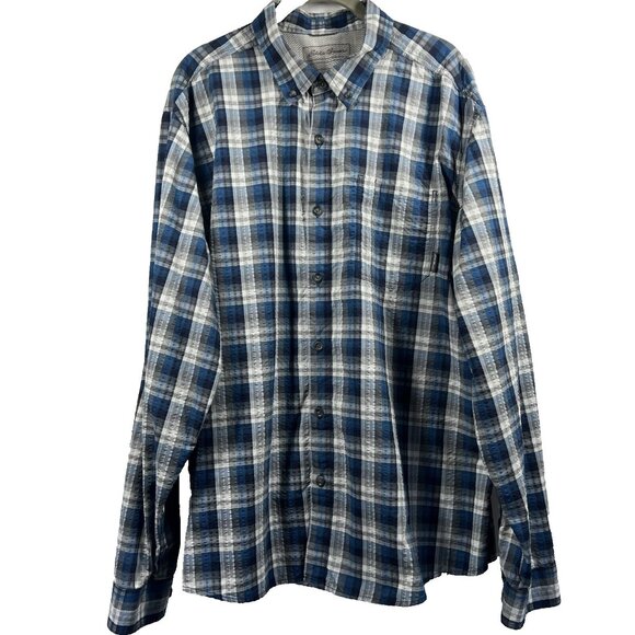 Eddie Bauer Mens Shirt XL Blue Plaid Button Up Seersucker Roll Tab Long Sleeve - Picture 1 of 8